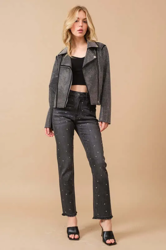 Crystal Studded Stretch Zip Up Motor Jacket