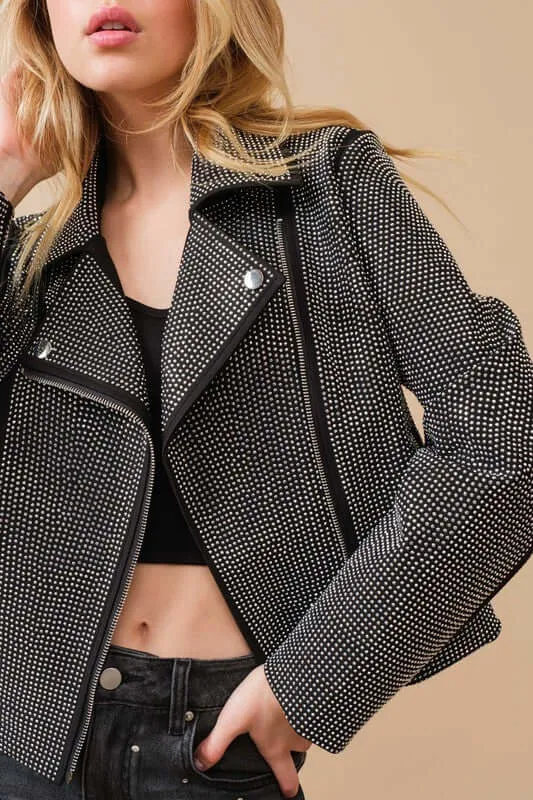 Crystal Studded Stretch Zip Up Motor Jacket