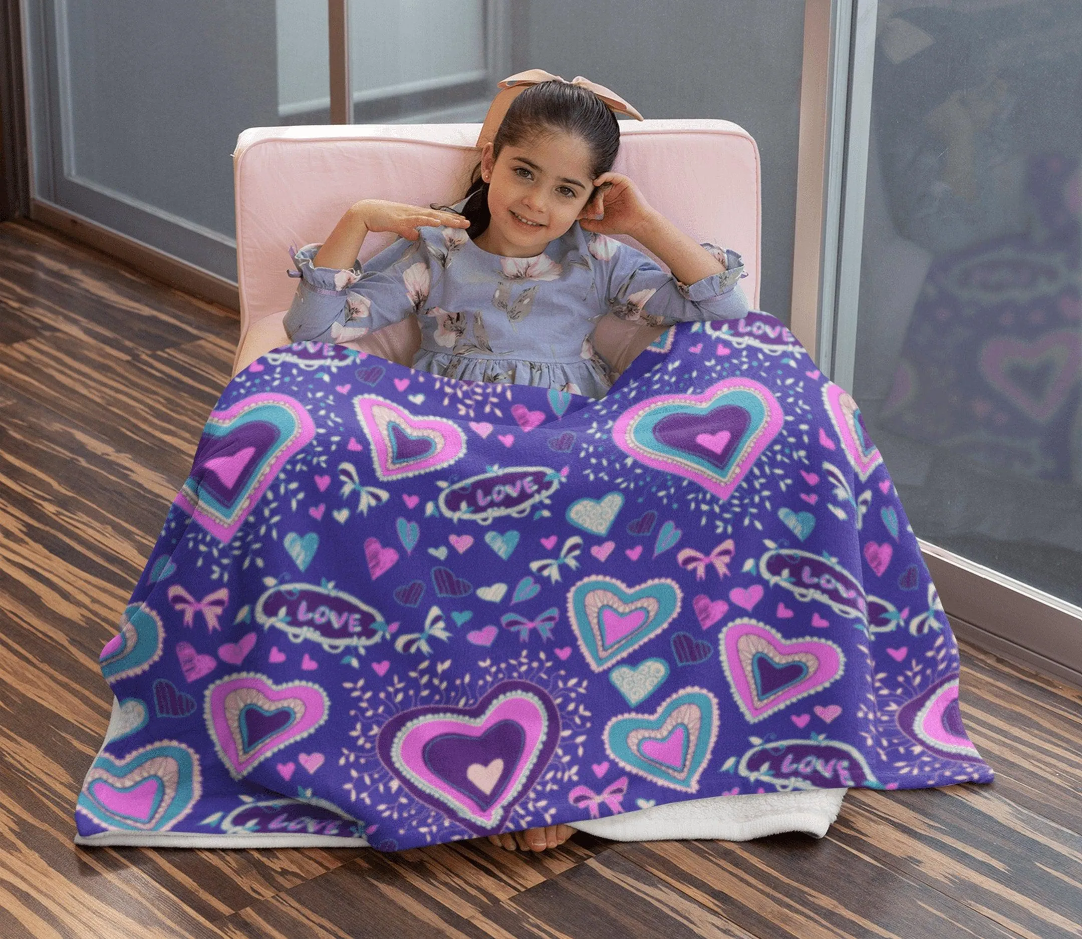 Cute Hearts Pattern Pink Purple Soft Fluffy Velvet Flannel Fleece Throw Blanket