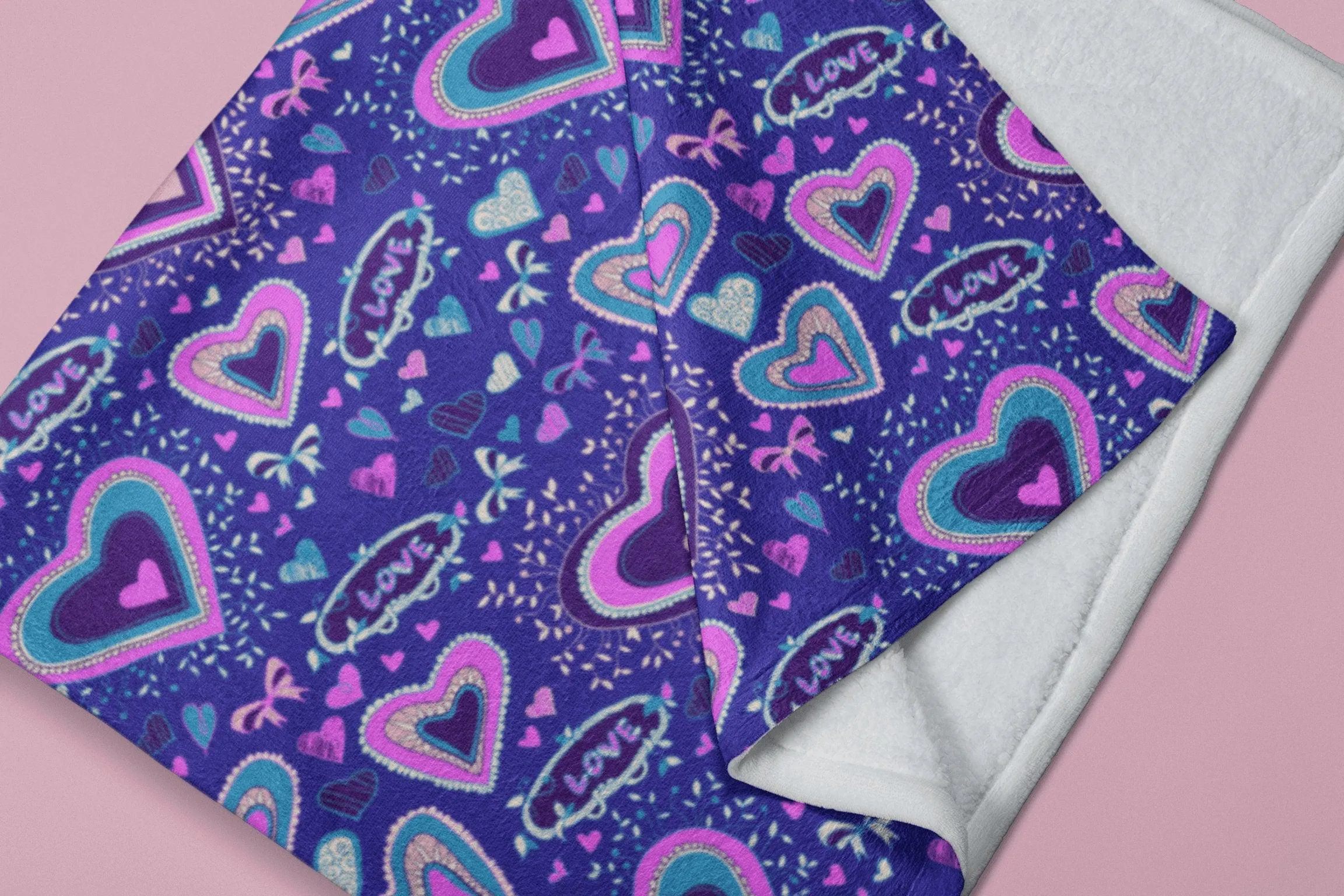 Cute Hearts Pattern Pink Purple Soft Fluffy Velvet Flannel Fleece Throw Blanket