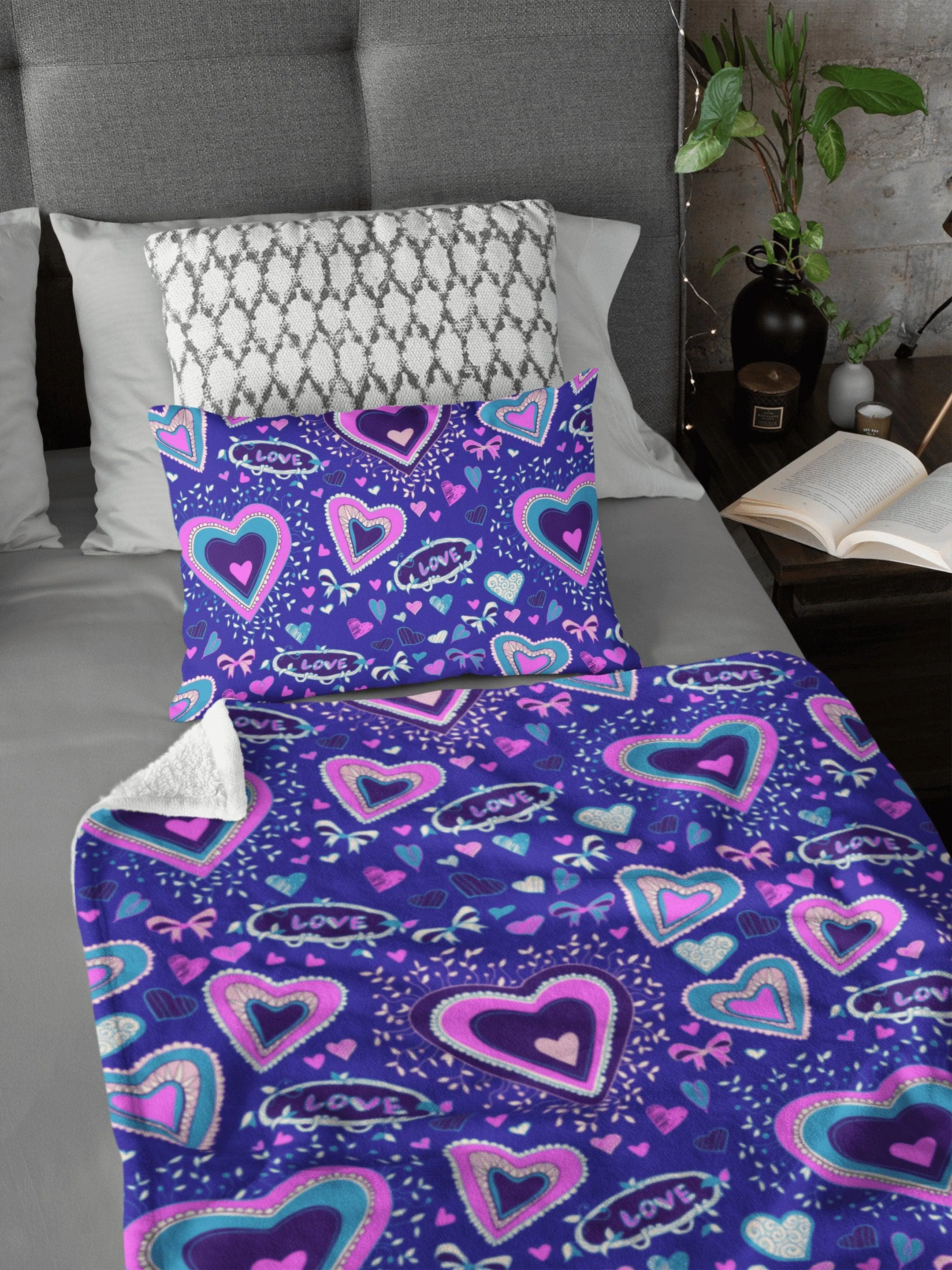 Cute Hearts Pattern Pink Purple Soft Fluffy Velvet Flannel Fleece Throw Blanket