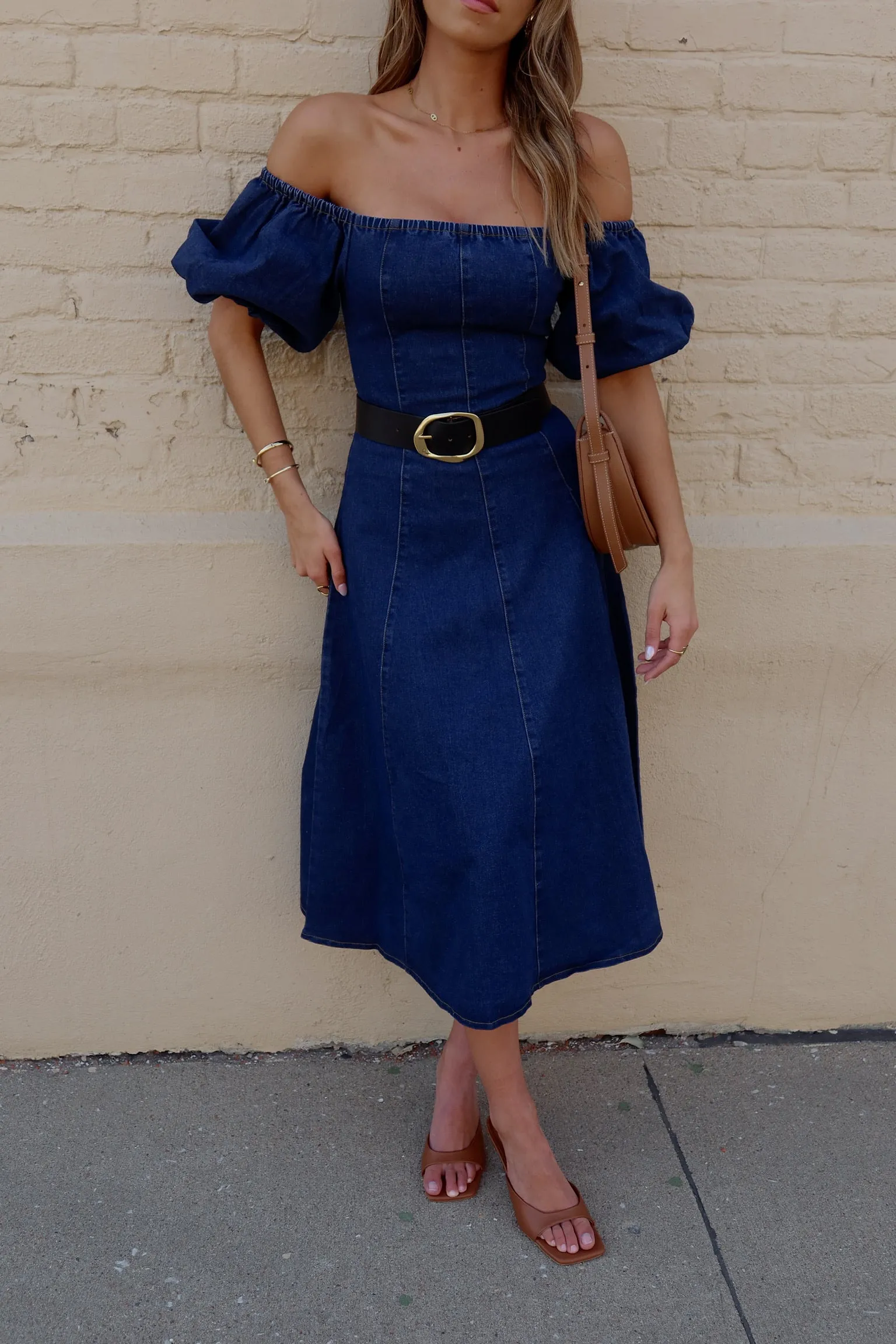 Denim Dreams Puff Sleeve A-Line Midi Dress