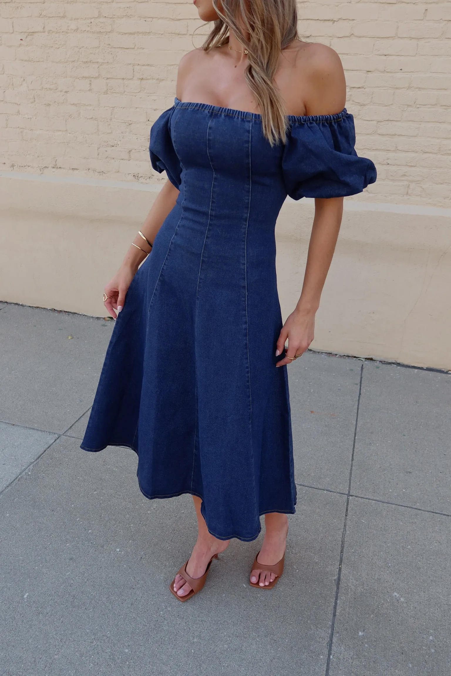 Denim Dreams Puff Sleeve A-Line Midi Dress