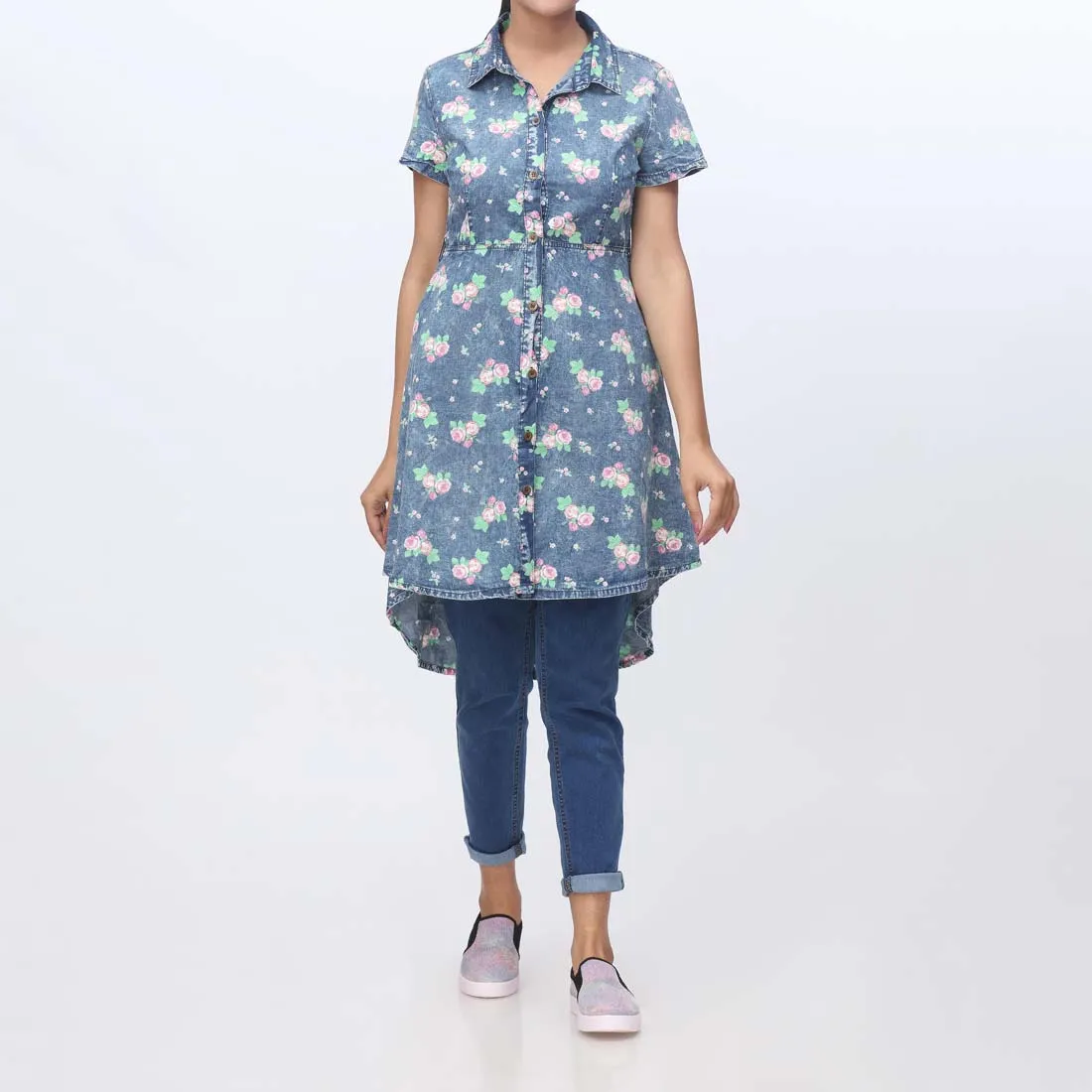 Denim Floral Button Through Shirt PW3959