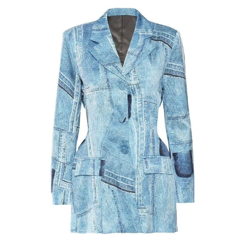 denim graffiti print satin jacket