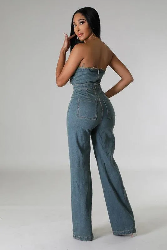 DENIM STRAPLESS JUMPSUIT