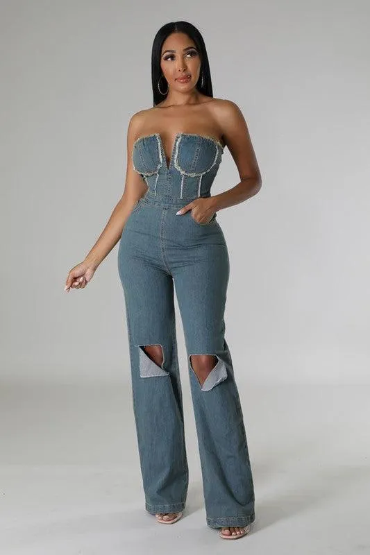 DENIM STRAPLESS JUMPSUIT