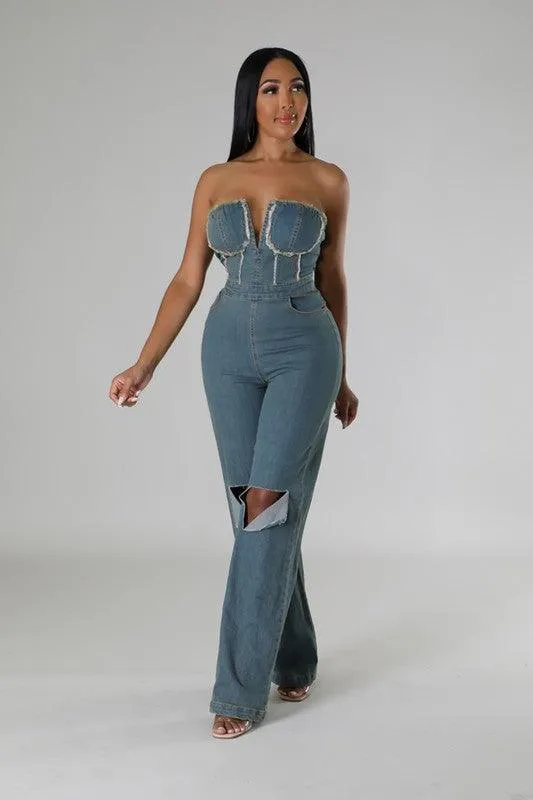 DENIM STRAPLESS JUMPSUIT