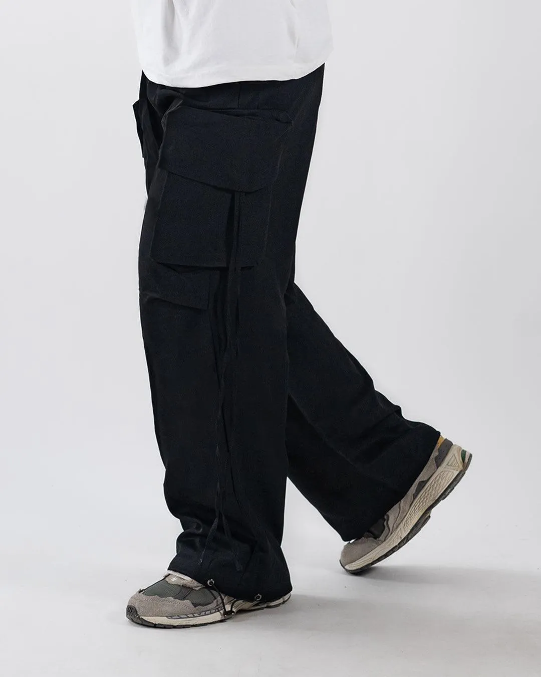 Drawstring Waist Plain Straight Leg Black Cargo Pants