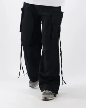 Drawstring Waist Plain Straight Leg Black Cargo Pants