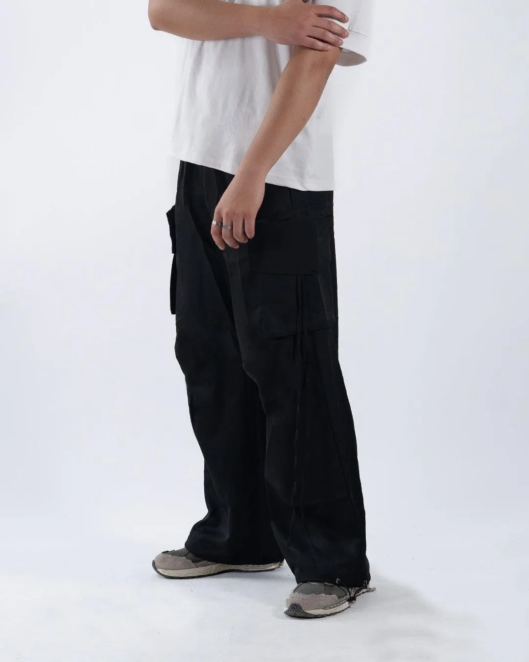 Drawstring Waist Plain Straight Leg Black Cargo Pants