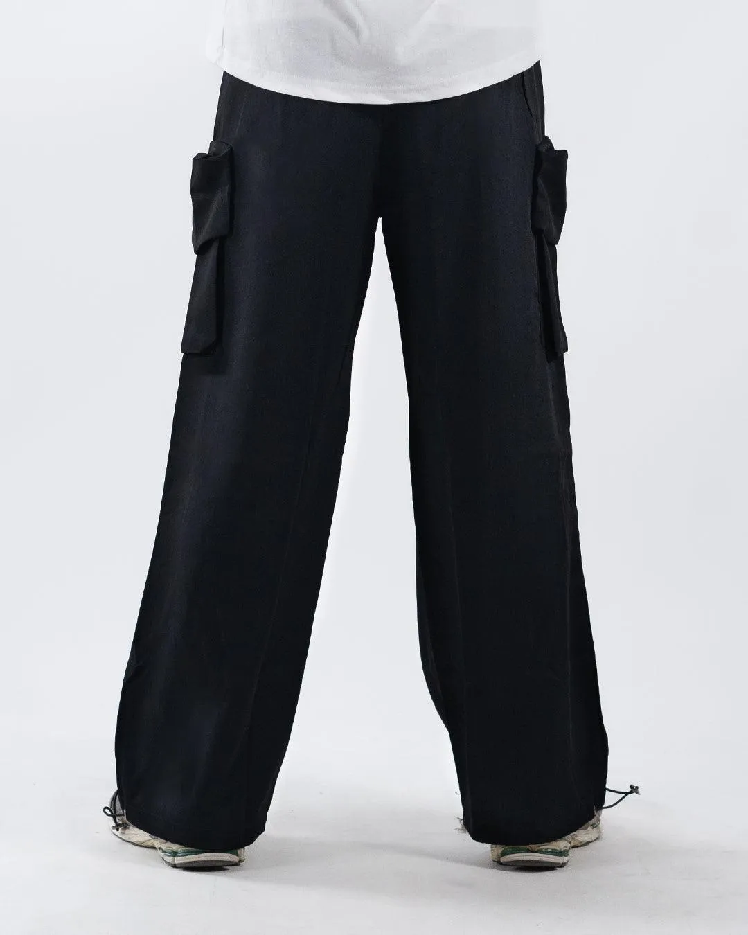 Drawstring Waist Plain Straight Leg Black Cargo Pants