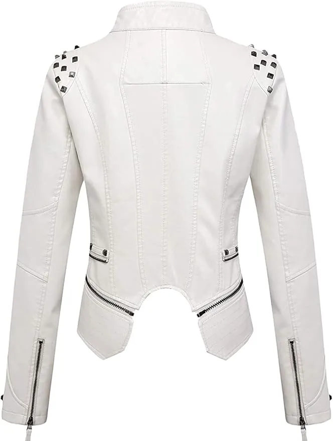 Edgy White Studded Faux Leather Rocker Biker Jacket