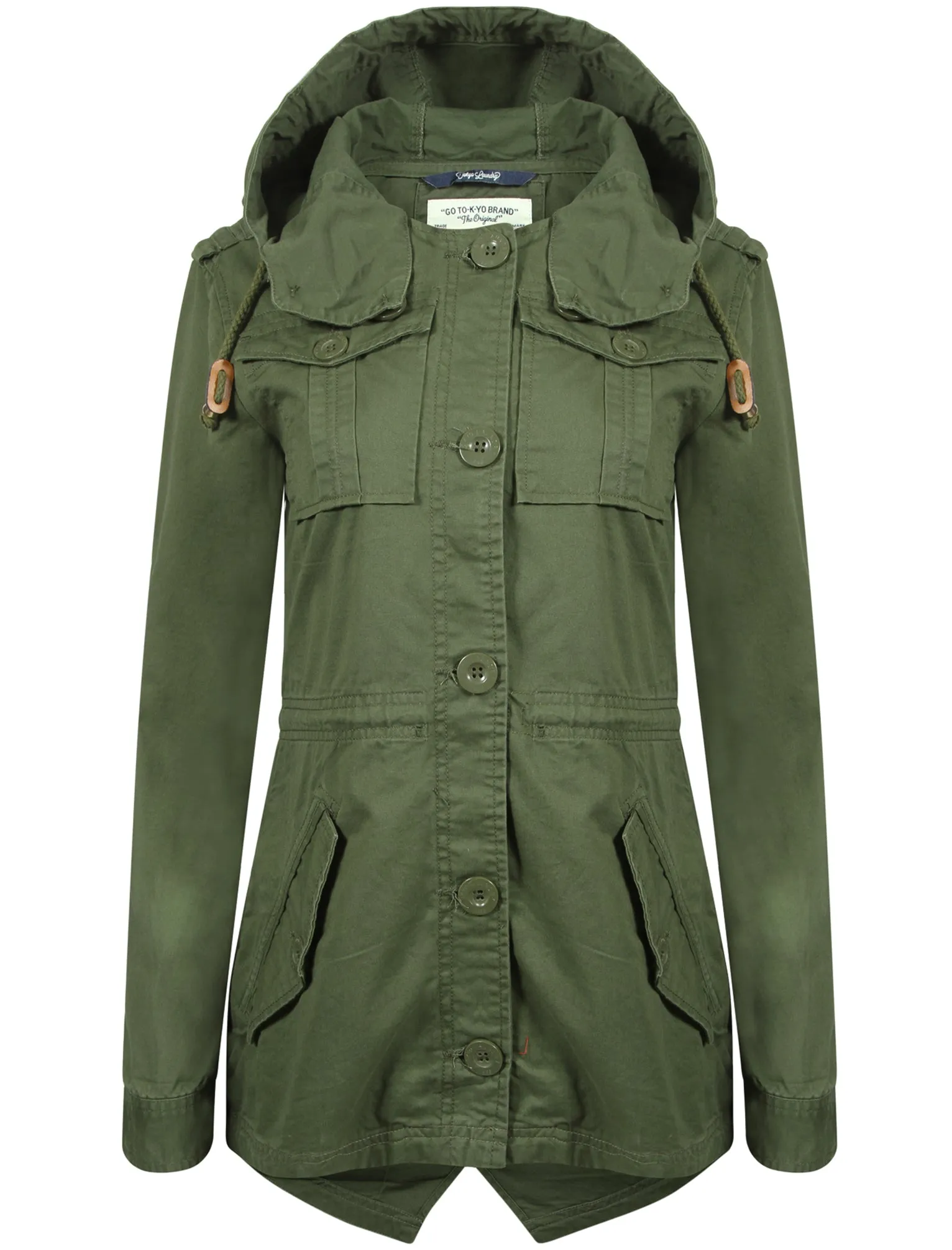 Emer Cotton Twill Hooded Parka Jacket In Khaki - Tokyo Laundry