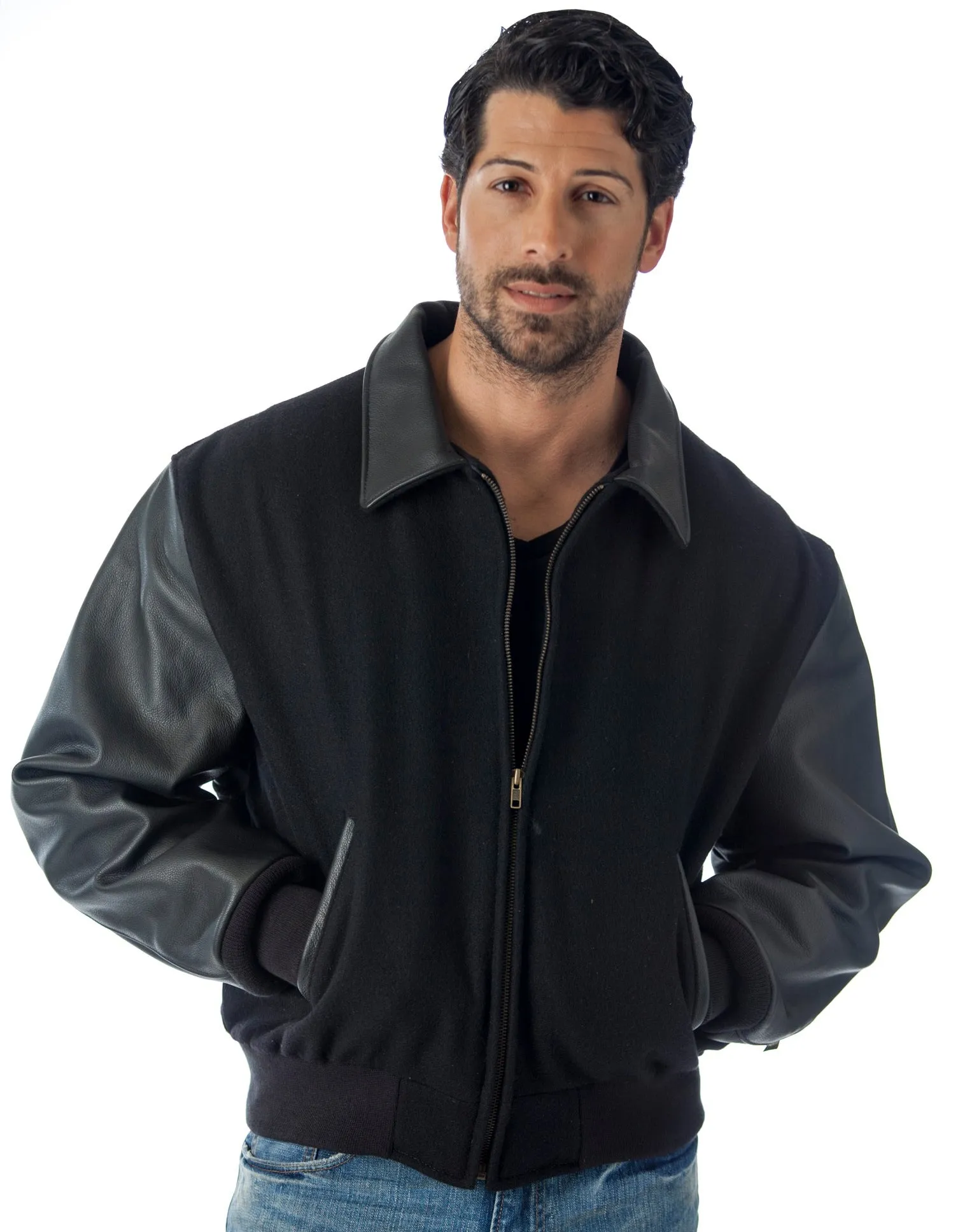 Executive Varsity Jacket From Leather Naked Cowhide Sleeves - Quality Wool Body -  Union Made in USA