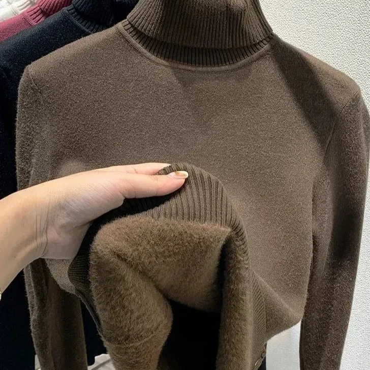 Fleece Turtleneck Sweater - Women's Thermal Fleece Lined Turtleneck Sweater