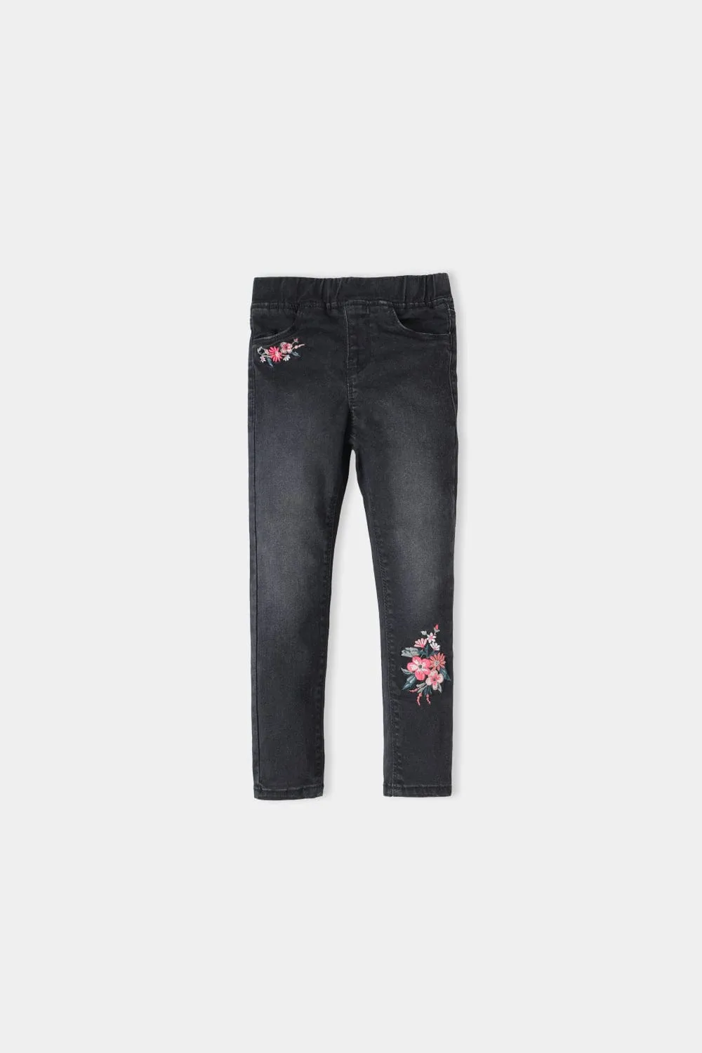 Girls Black Jegging Denim With Floral Sticker