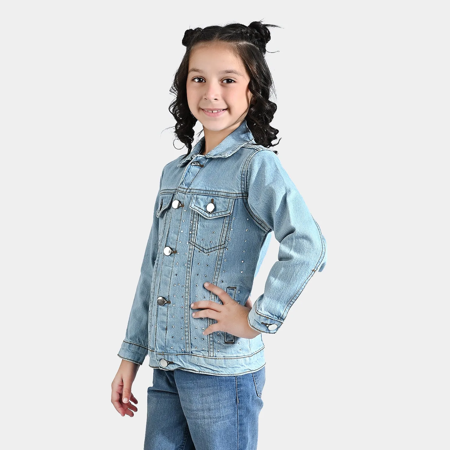 Girls Denim rigid Jacket Silver Studs-Mid Blue