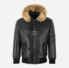 HARRIER Men's Hooded Leather Bomber Jacket Fur Hood Black