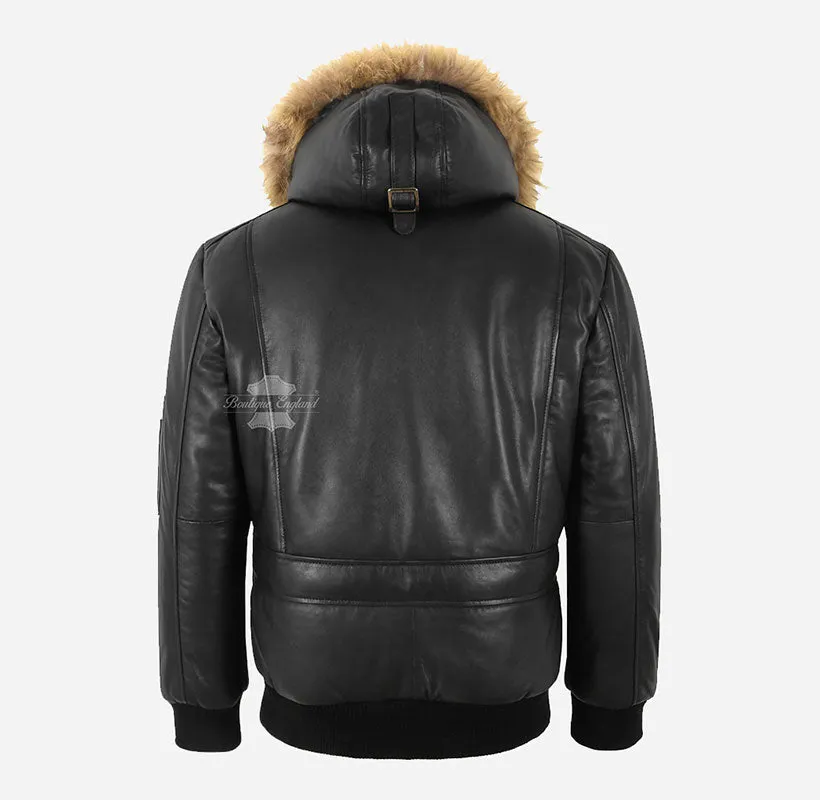 HARRIER Men's Hooded Leather Bomber Jacket Fur Hood Black