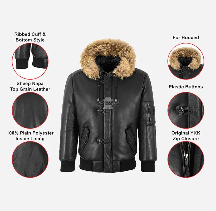 HARRIER Men's Hooded Leather Bomber Jacket Fur Hood Black