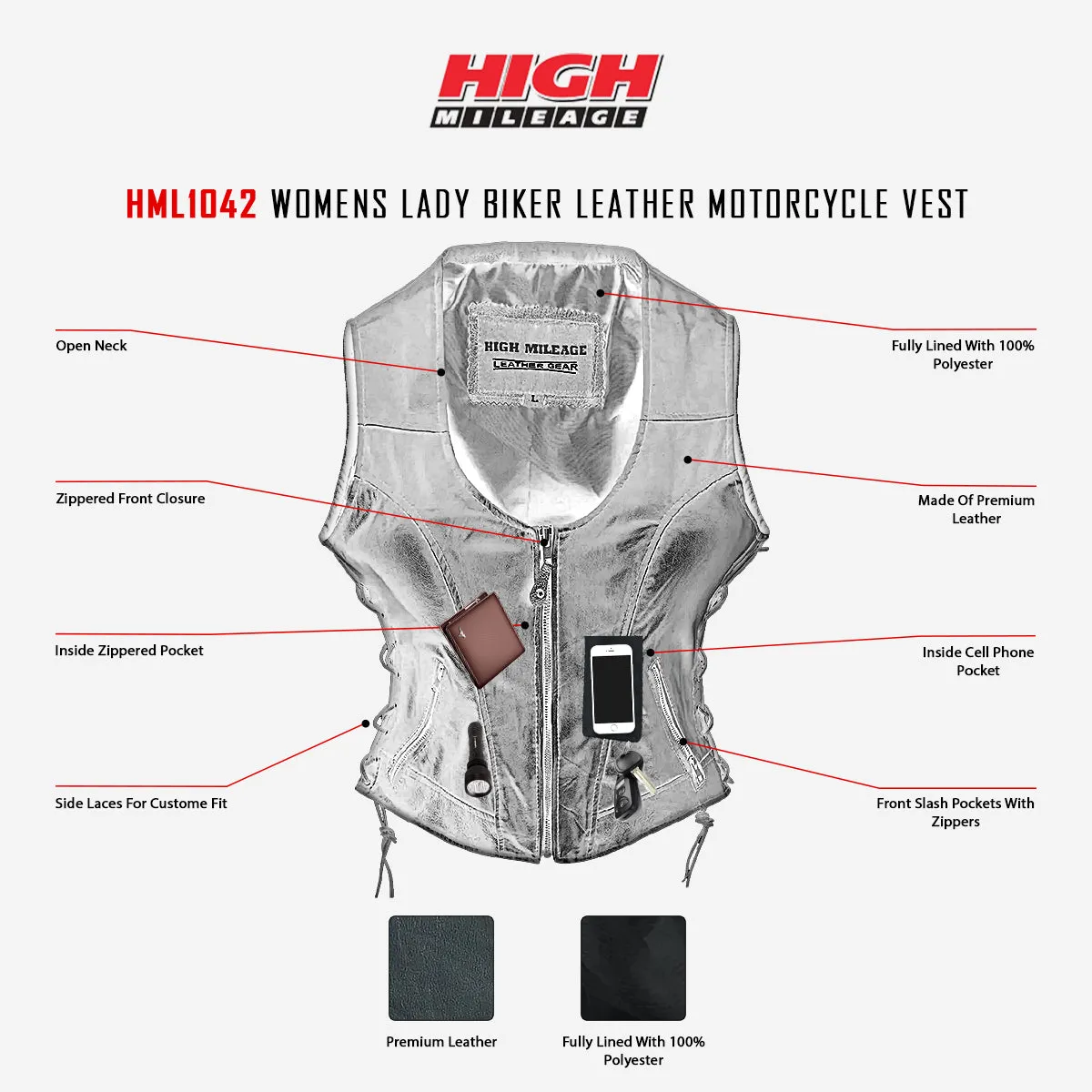 HML1042 High Mileage Ladies Lace Side Leather Vest