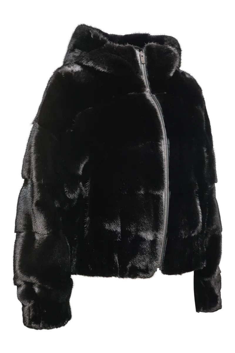 Hooded Horizontal Ranch Mink Fur Bomber Jacket