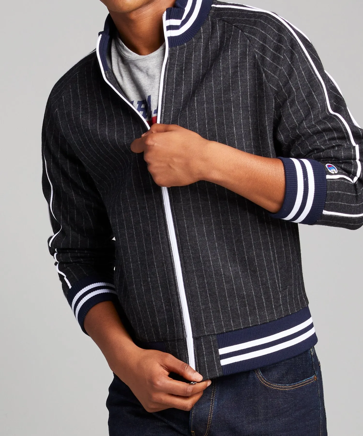 Italian Wool Pinstripe Track Jacket in Charcoal