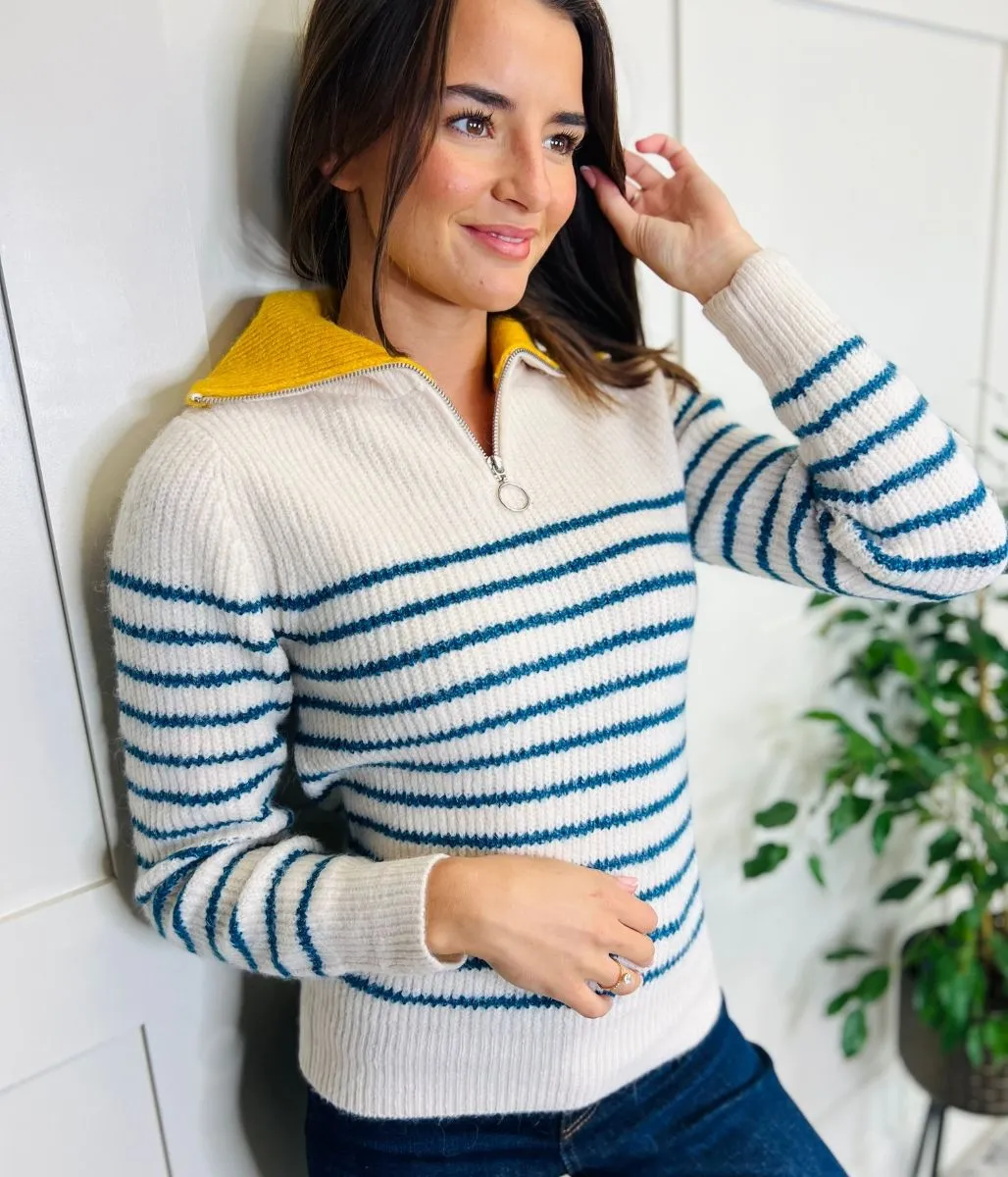 Ivory Striped 1/4 Zip Contrast Collar Jumper