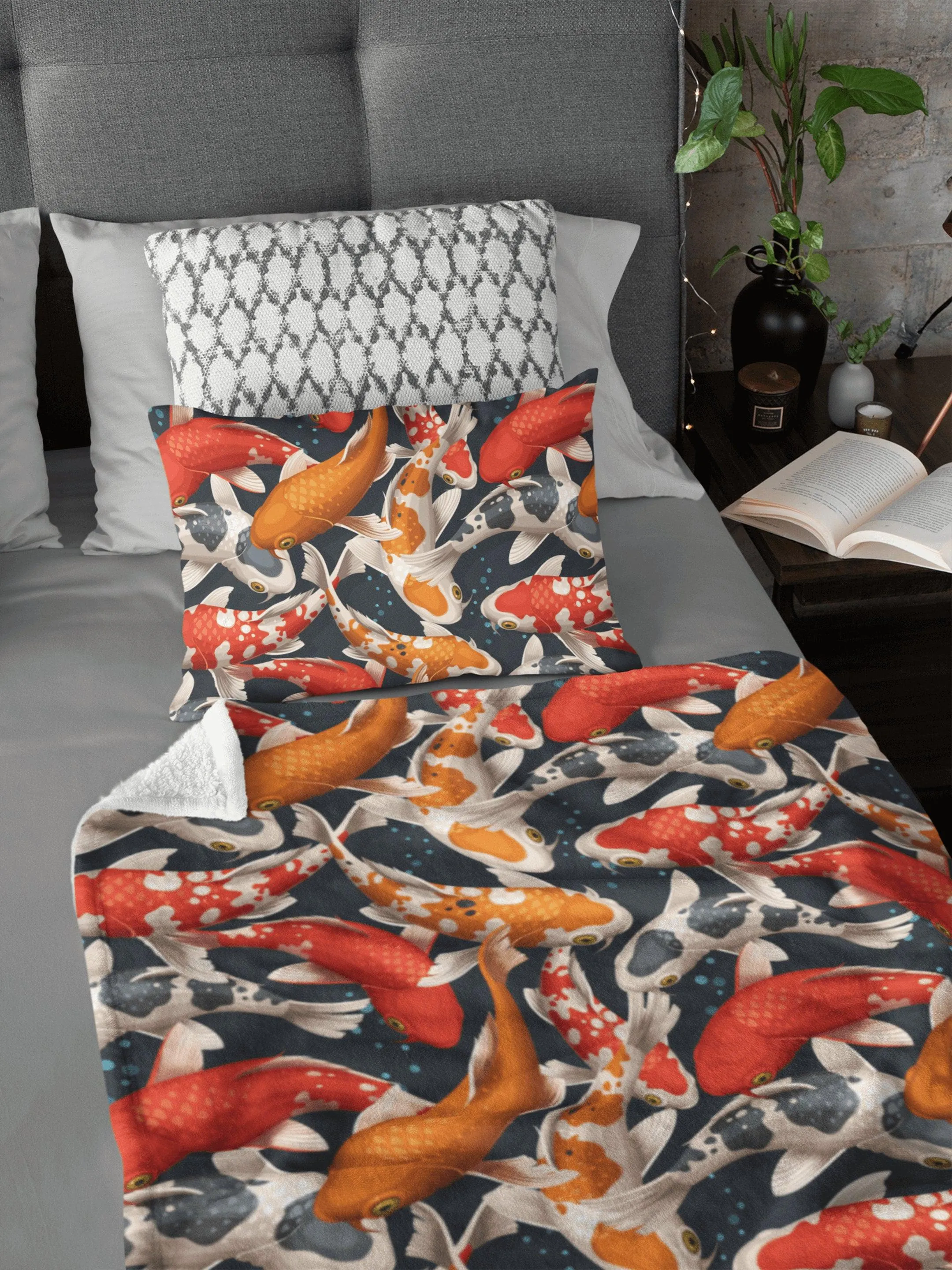 Japanese Koi Fish Orange Grey Soft Fluffy Velvet Flannel Fleece Throw Blanket