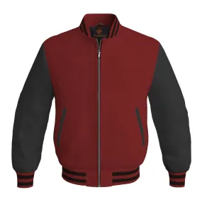 Ladies Varsity Jacket Maroon Body and Black Leather Sleeves Bomber Jacket