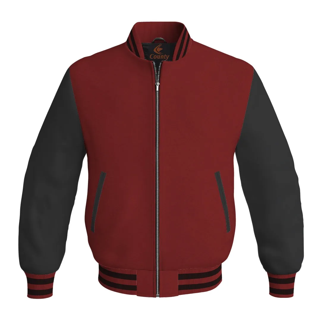 Ladies Varsity Jacket Maroon Body and Black Leather Sleeves Bomber Jacket