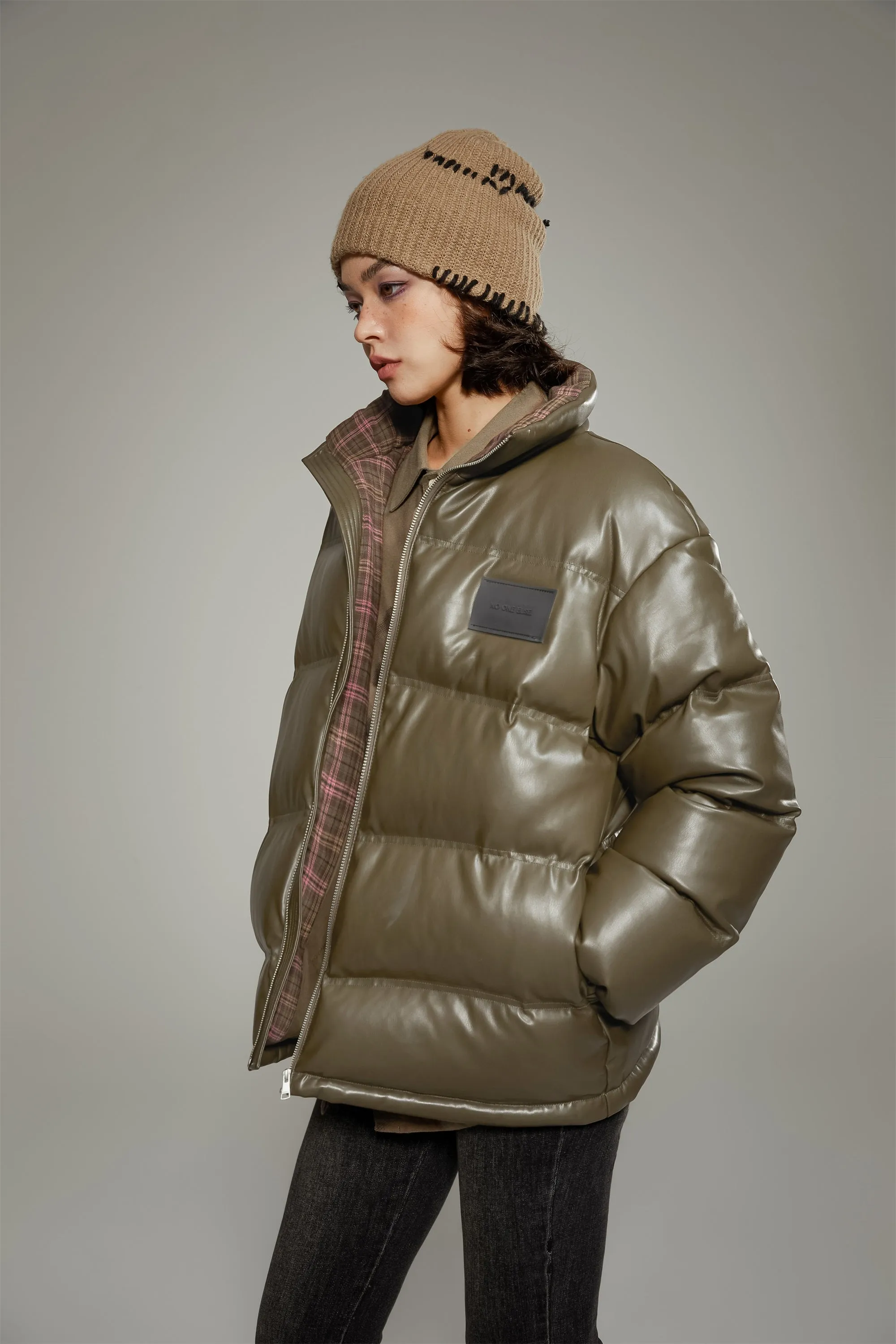 Leather Loose Fit Short Padded Jacket