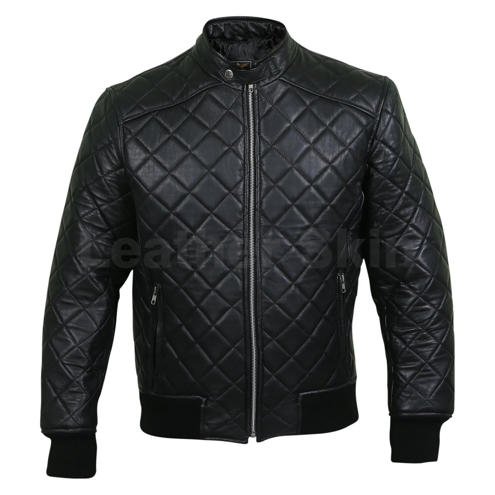 Leather Skin Men Black Diamond Quilted Genuine Leather Jacket