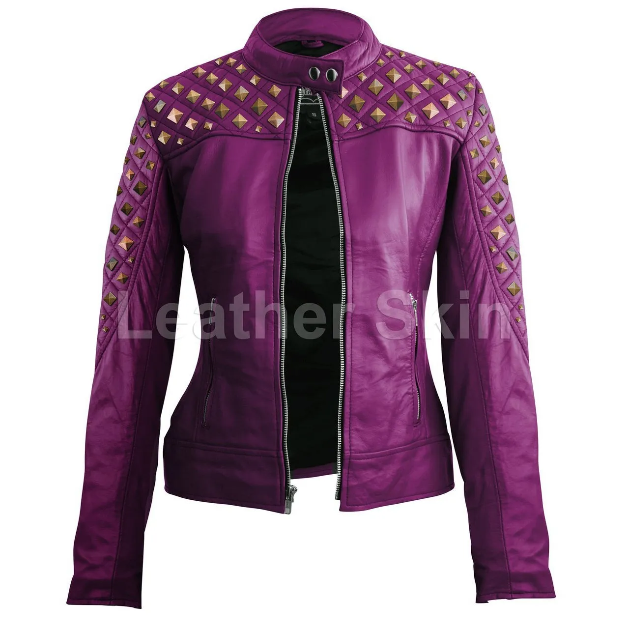 Leather Skin Women Purple Shoulder Quilted Rust Gold Stud Genuine Leather Jacket