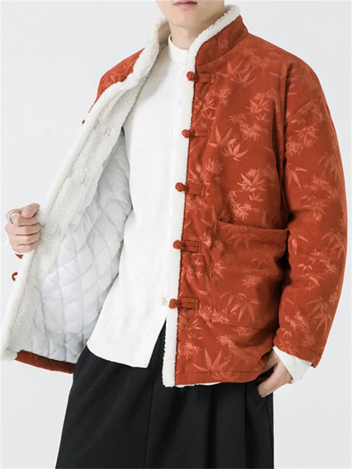 Male Chinese Style Bamboo Leaf Flower Print Corduroy Coats