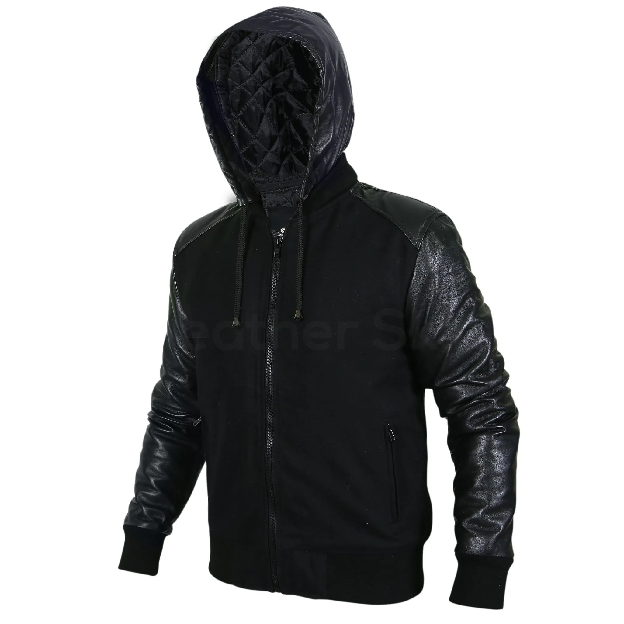 Men Black Hooded Jacket with Leather Sleeves