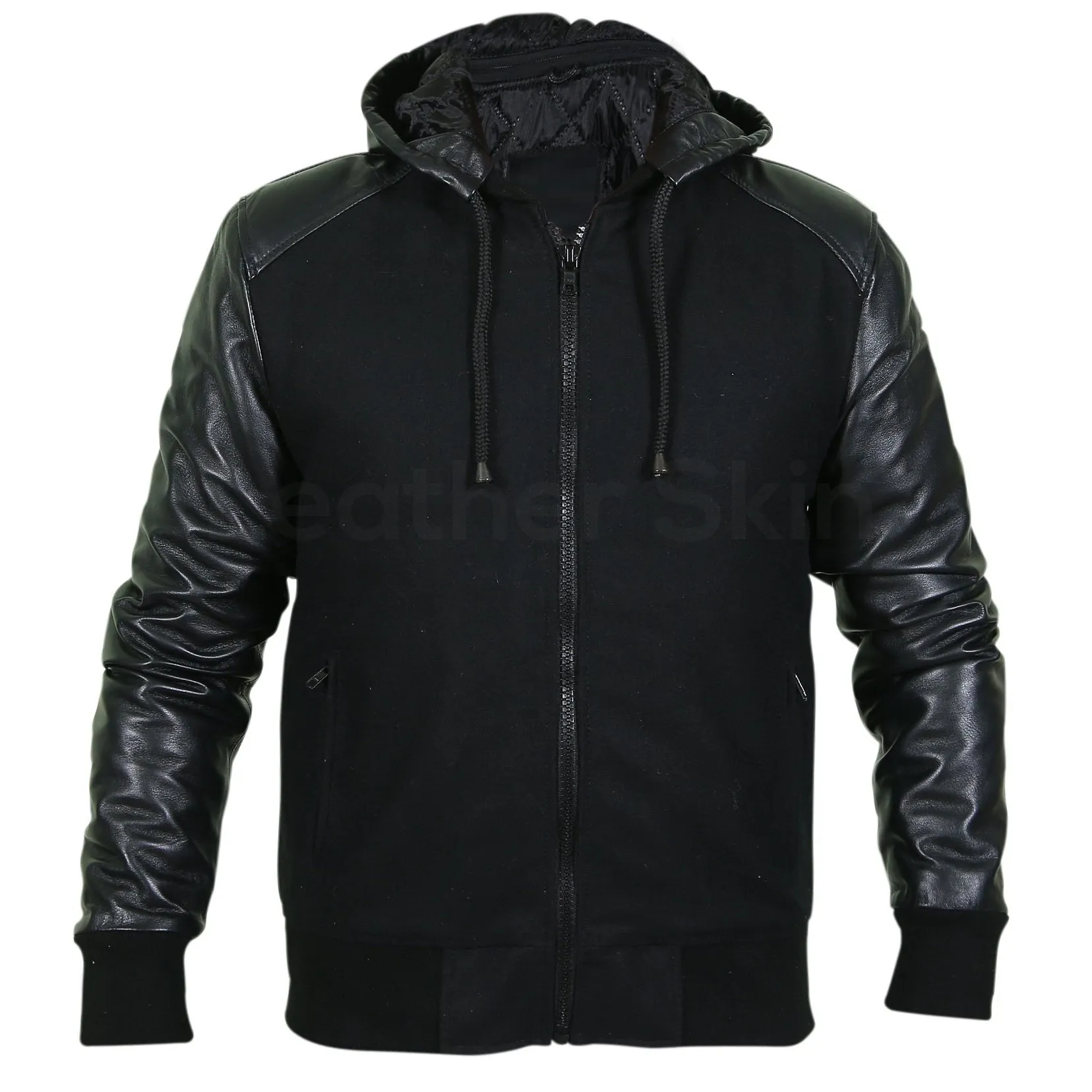 Men Black Hooded Jacket with Leather Sleeves