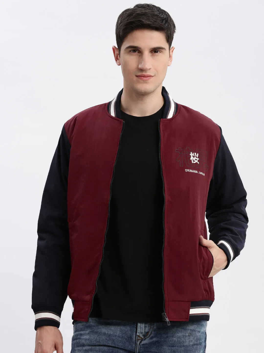 Men Colourblocked Mandarin Collar Maroon Bomber Jacket