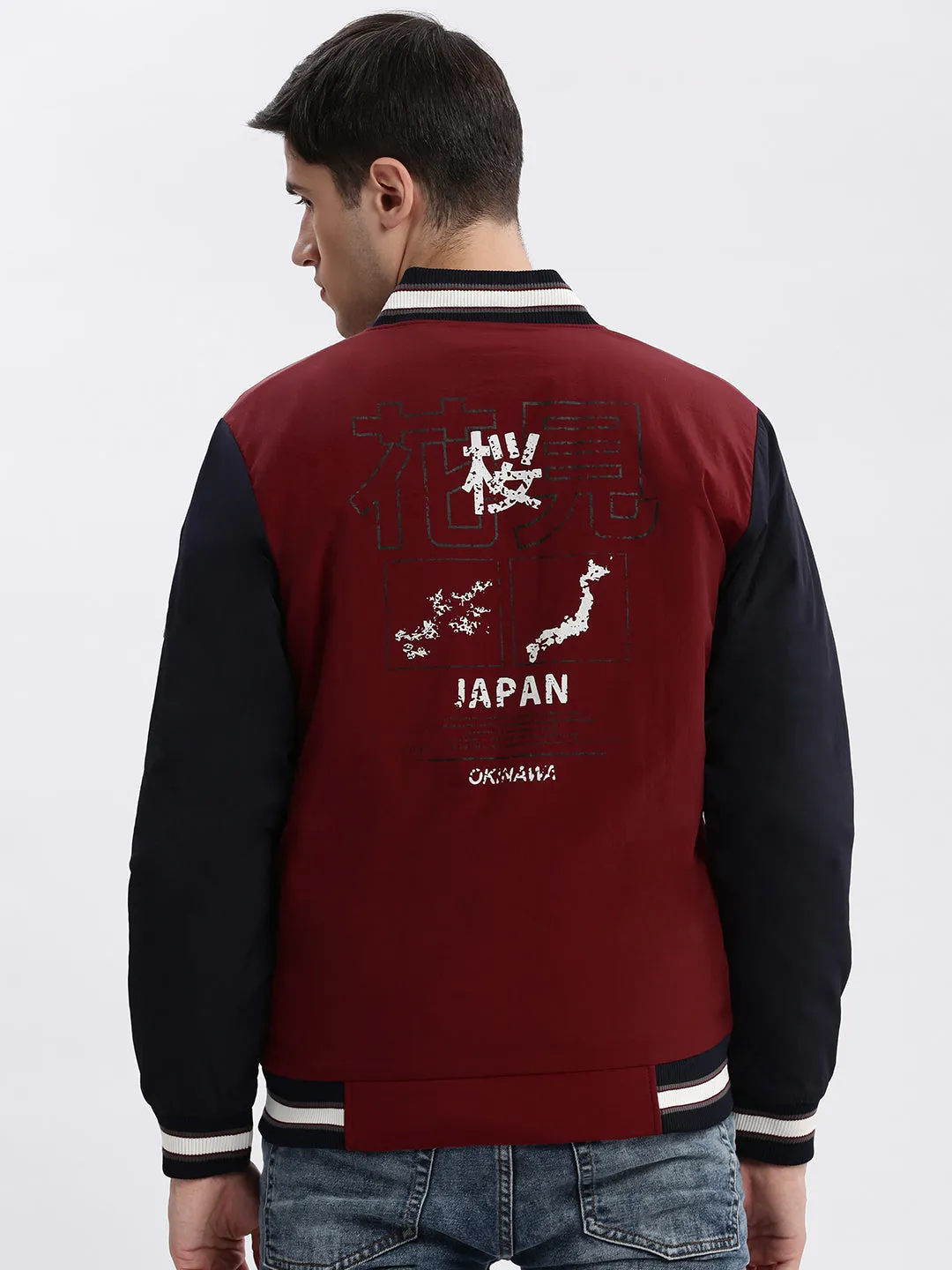 Men Colourblocked Mandarin Collar Maroon Bomber Jacket