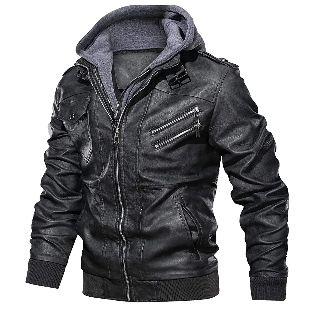 Men Leather Jacket With Removable Hood with Zipper Pockets