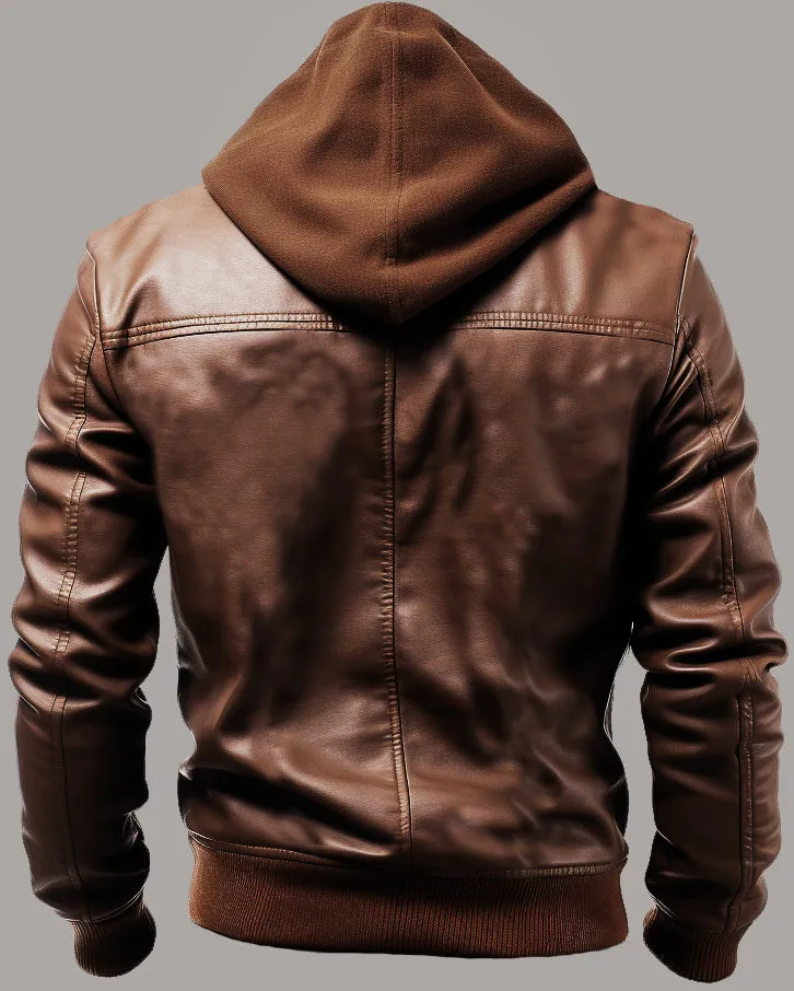 Men Michael Clark Brown Leather Hooded Jacket