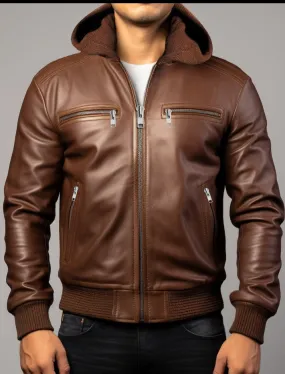 Men Michael Clark Brown Leather Hooded Jacket