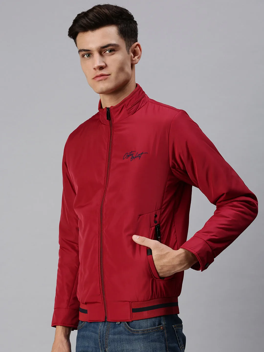 Men Solid Maroon Sporty Jacket