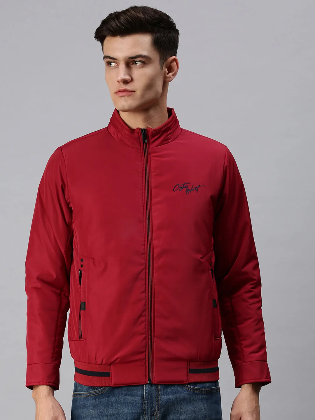 Men Solid Maroon Sporty Jacket