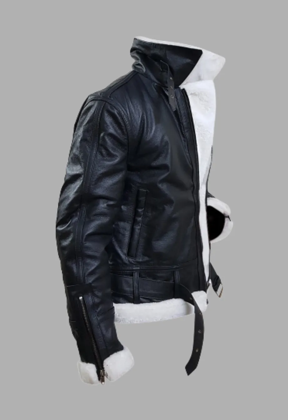 Mens Black Bomber Flying Aviator White Fur Genuine Leather Jacket