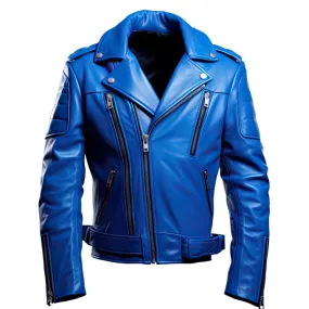 Men's Brando Royal-Blue Sheepskin Asymmetric Biker Premium Leather Jacket