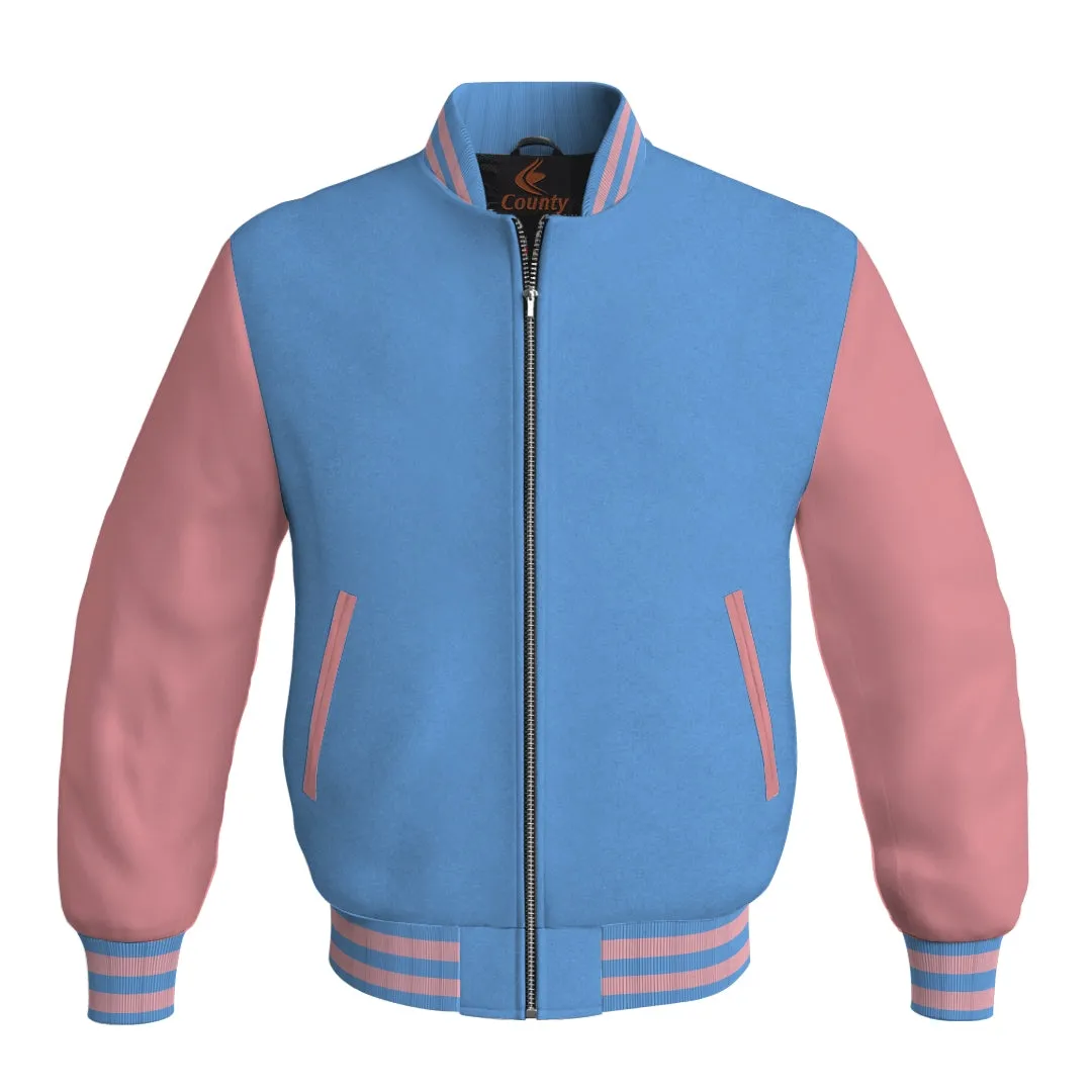 Mens Letterman Jacket Sky Blue Body and Pink Leather Sleeves Bomber Jacket