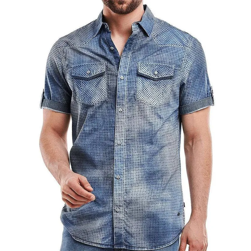 Men's Retro Washed Polka Dot Denim Short Sleeve Shirt 34744772U