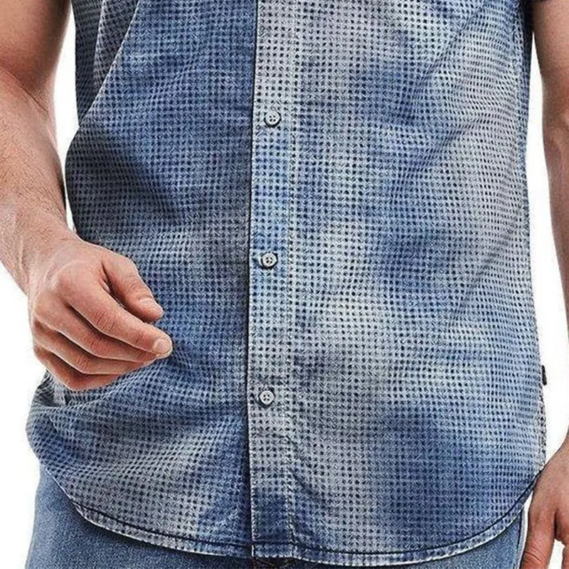 Men's Retro Washed Polka Dot Denim Short Sleeve Shirt 34744772U